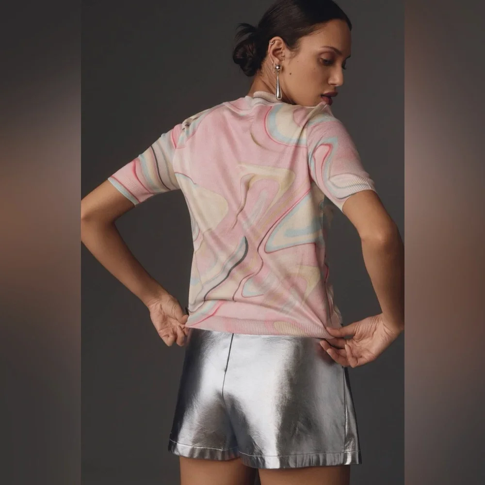 Anthropologie Short Sleeve Sweater Small Multicolor Swirl Marble Print Crewneck - Picture 4 of 16